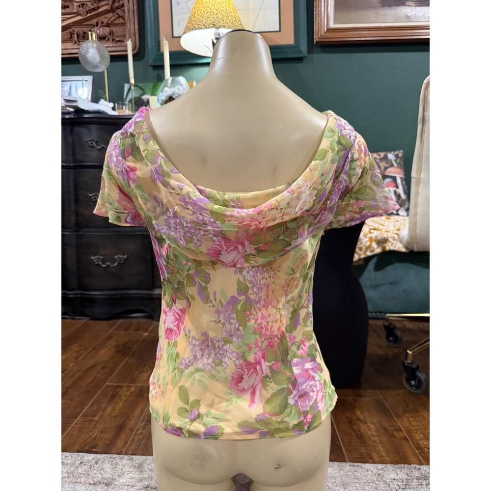 Studio I Petite Floral Cowl Back Blouse Yellow Pink‎ Sheer Short Sleeve Top 10P
